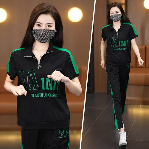 印花夏新洋款气显瘦半拉链立领卫衣两件套休闲运动季套年77409794