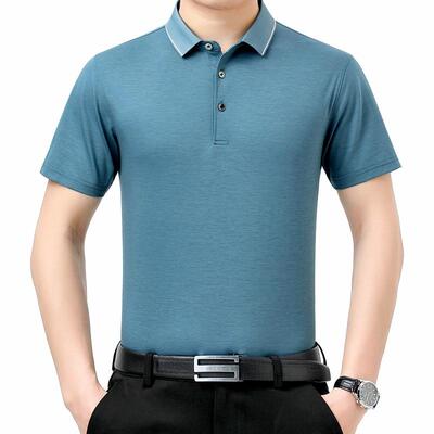 桑蚕大丝短袖恤男07T22-G闲士商务休纯色码翻体恤中年爸爸领衫