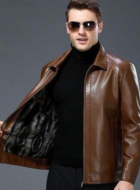款秋1755冬新男式真皮皮衣中男士年休翻领绵羊皮单加绒夹克闲外套