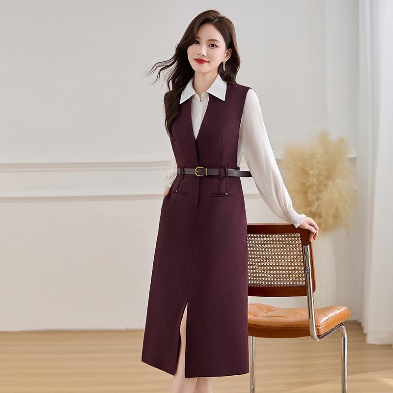 安可拉ZZI5381R春红背心连衣裙两件套装女新款秋减龄高感气质套级