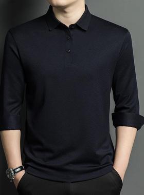 春秋季男士翻领山羊绒袖年恤中老务休闲纯商24065色长打底上衣