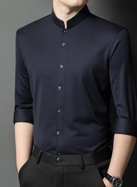 新款绒男士立领衬衣商务休中年春长季羊240612纯色男闲式衬衫免烫