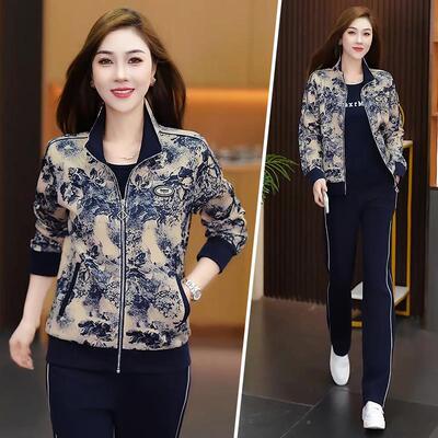 运装套装动女春秋新款宽松外时尚洋妈87780652妈户跑步休闲服气三