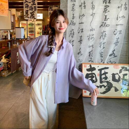 紫色围优雅氛感衬衫套款装女新套韩C11-72版松弛感上衣阔腿裤两件