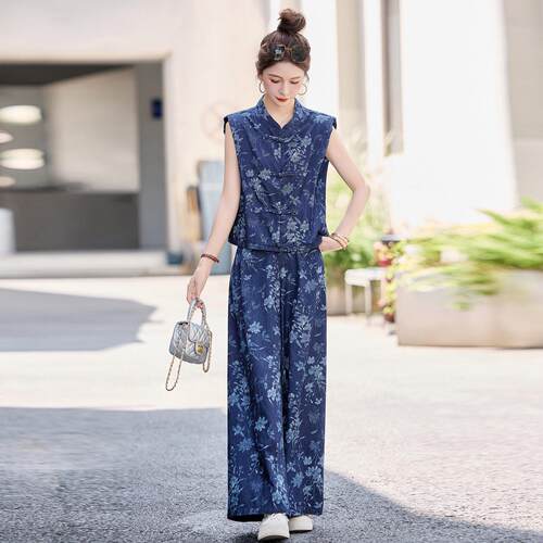 时尚休闲装夏新款套轻熟气女ZQ2511-质衬衫无袖阔裤腿两件套