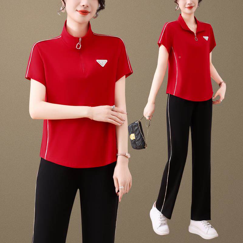 运动装女夏新款时9011674尚气质翻领中服年妈妈套休件闲跑步冰丝
