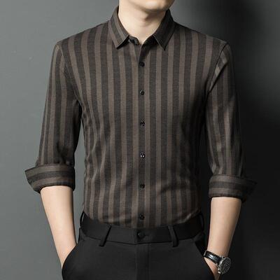 中年男士高休档山羊绒衬衫新款秋24060-51翻领条纹长冬袖时尚闲衬