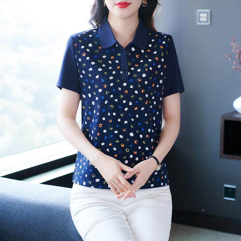夏棉袖恤女士77486954条纹翻领中老年妈妈短运动袖修季身半显瘦薄