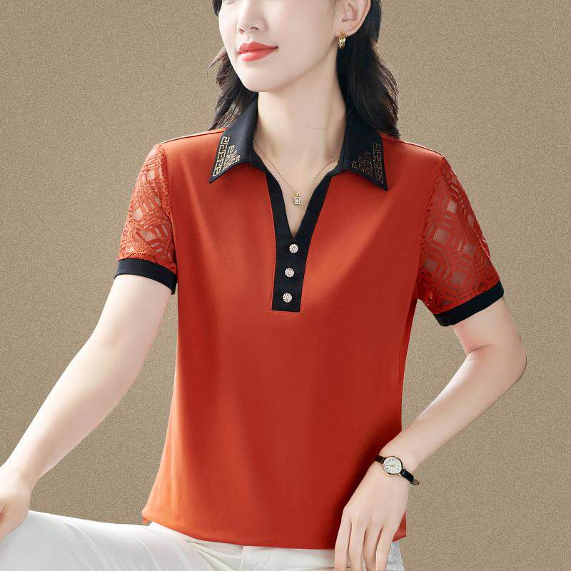 翻领776941短袖恤女士夏季款休新减闲龄宽松上中年妈妈衫衣装