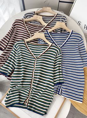 档口清仓 薄款V领条纹短袖针织衫女