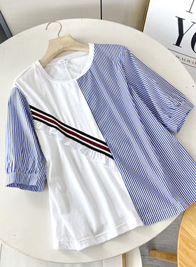档口清仓 圆领条纹拼接蕾丝花边短袖T恤 女