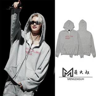 西村力同款破洞洗水做旧字母别针印花男女款潮牌Oversize连帽卫衣