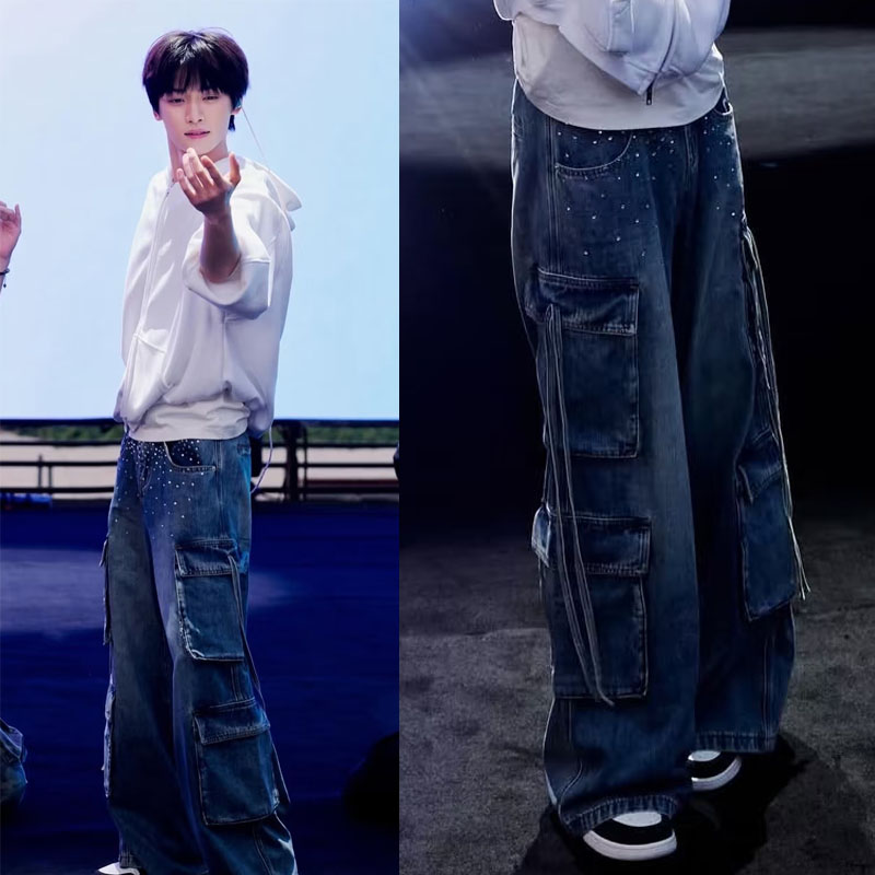 梓渝音乐节彩排同款牛仔裤复古口袋绑带重工烫钻男女阔腿拖地裤子