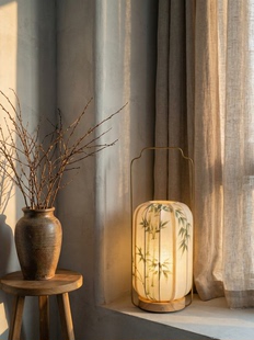 现代中式禅意手提台灯茶室书房卧室床头灯手绘布艺国风氛围装饰灯