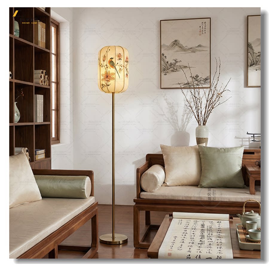 宋式美学落地灯新中式手绘花鸟立式台灯客厅书房复古国风氛围装饰