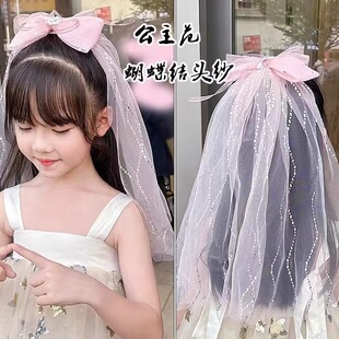 儿童发夹女童超仙钻石蝴蝶结飘纱发夹宝宝长飘带头饰小女孩发卡