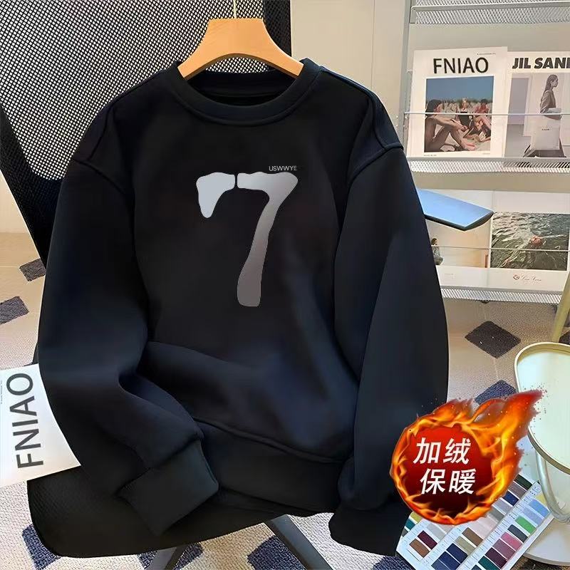 美式痞帅圆领加绒卫衣男宽松上衣