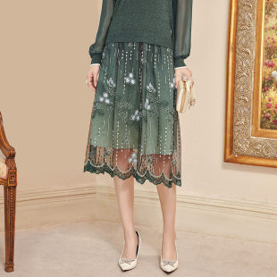 半身裙 优雅浪漫网纱刺绣中长款 1C12Q3048 专柜新款 歌蒂诗夏季