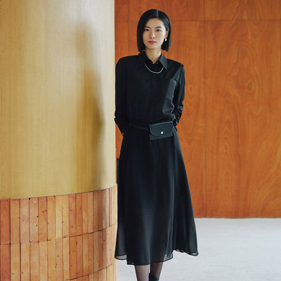 歌蒂诗春季专柜新款时尚高级感轻奢黑色衬衫连衣裙8F31L2140