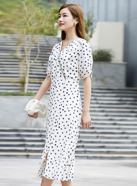 【柳哥严选】歌蒂诗简约气质100%桑蚕丝波点连衣裙 1D21L3238