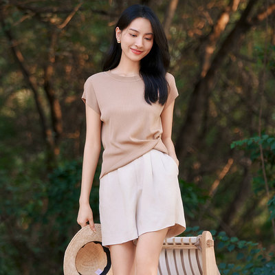 歌蒂诗夏季专柜新款休闲简约交叉式下摆冰丝短袖女 8E22Z1591