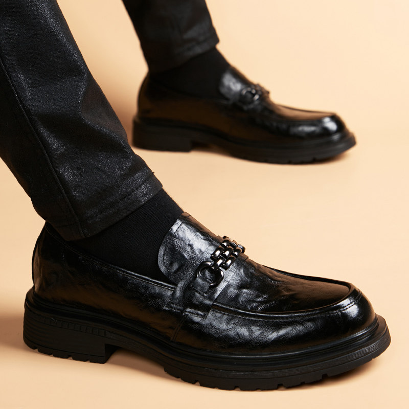 休闲皮鞋男夏季透气真皮英伦一脚蹬豆豆鞋男款韩版潮流内增高男鞋