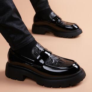 男士皮鞋男款2024新款休闲真皮厚底英伦内增高圆头乐福鞋男一脚蹬