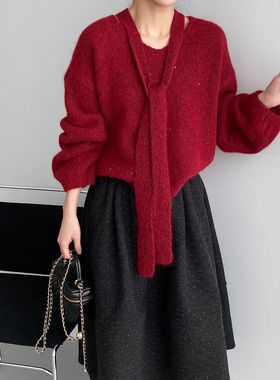 那末新年红！法式温柔风亮晶晶V领飘带毛衣女百搭V领针织衫L1215