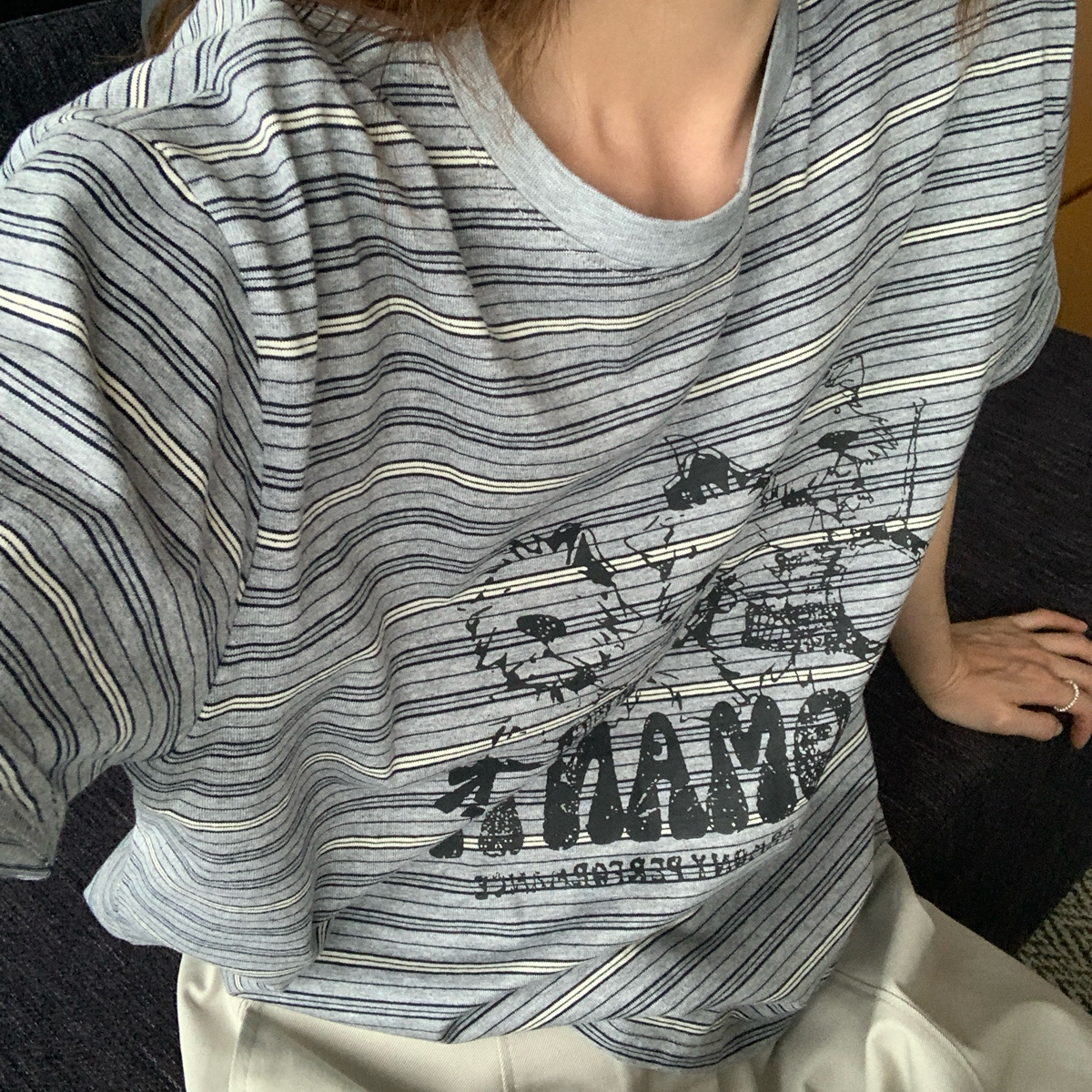 KITTIN-韩标WithYou|简约条纹小狗印花条纹短袖T恤W3357