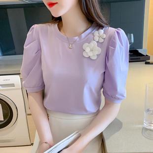 甜美短袖 设计感小众圆领立体花朵减龄别致上衣 t恤女2025夏季 新款