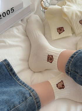 可爱卡皮巴拉白色袜子女中筒袜ins潮棉袜夏季薄款日系卡通短袜女