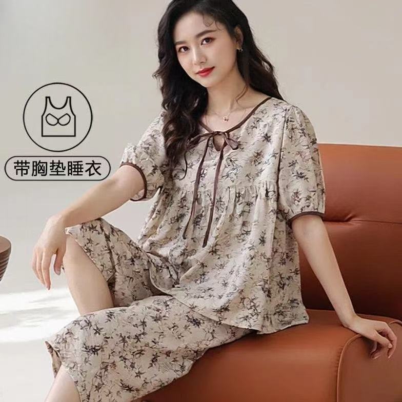 100%纯棉睡衣女夏季短袖七分裤甜美宽松休闲薄款中年可外穿家居服