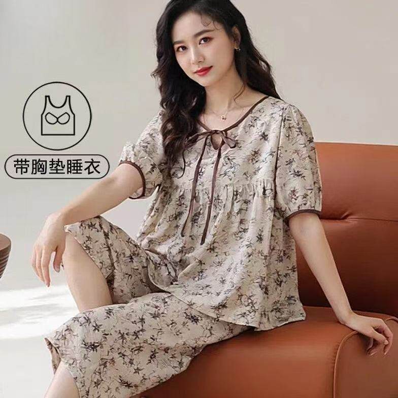 高档纯棉带胸垫睡衣女夏季短袖七分裤甜美休闲大码中年家居服套装