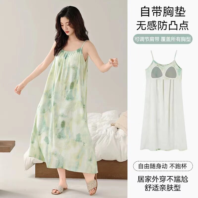 100%纯棉带胸垫睡裙女夏季吊带无袖薄款防凸点可外穿连衣裙家居服