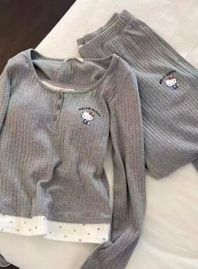 带胸垫睡衣女春秋季长袖长裤韩版撞色高颜值棉质可外穿家居服套装