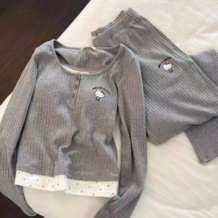 带胸垫睡衣女春秋季长袖长裤韩版撞色高颜值棉质可外穿家居服套装
