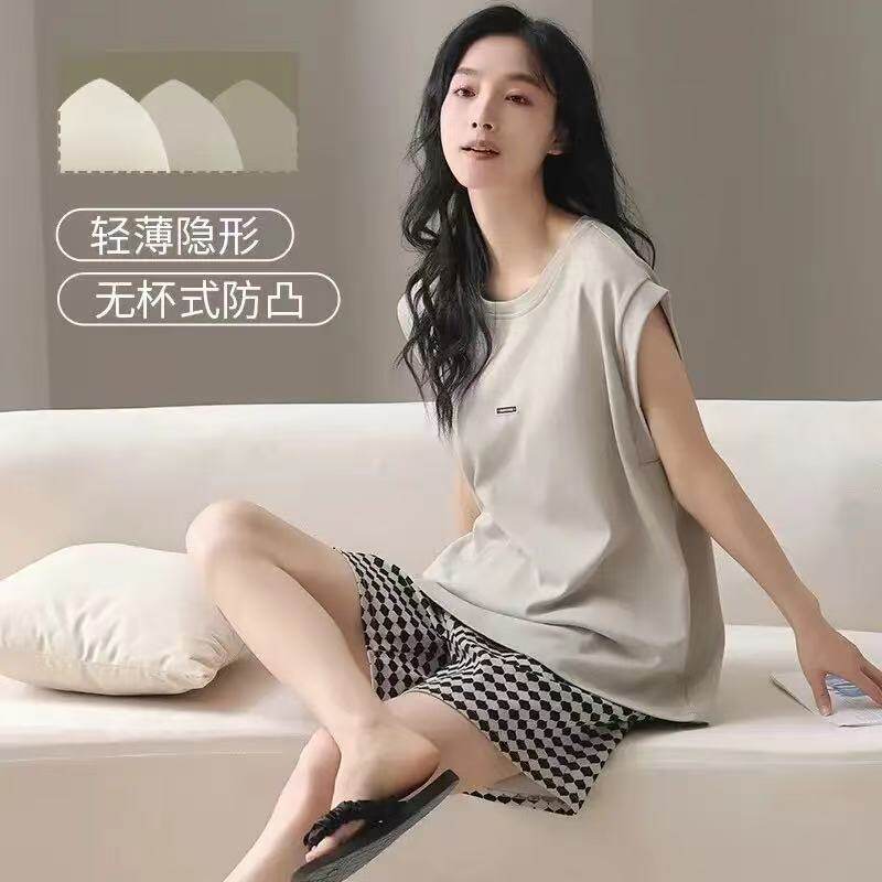 100%纯棉带胸垫睡衣女夏季无袖背心短裤韩版休闲可外穿家居服套装