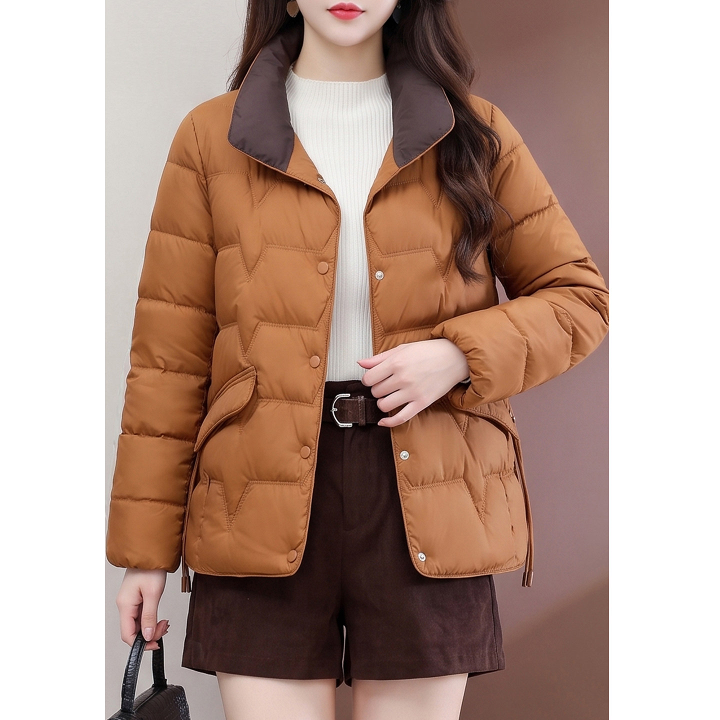 流行橘色羽绒服女短款秋冬装新款