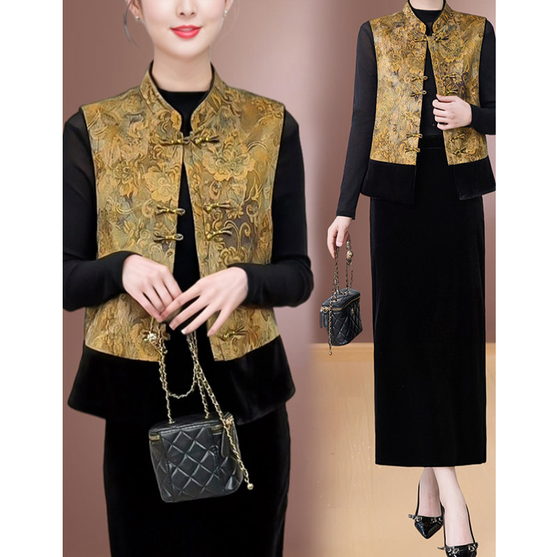 新中式国风马甲女春秋外穿提花复古立领马夹百搭打底配大衣高级感