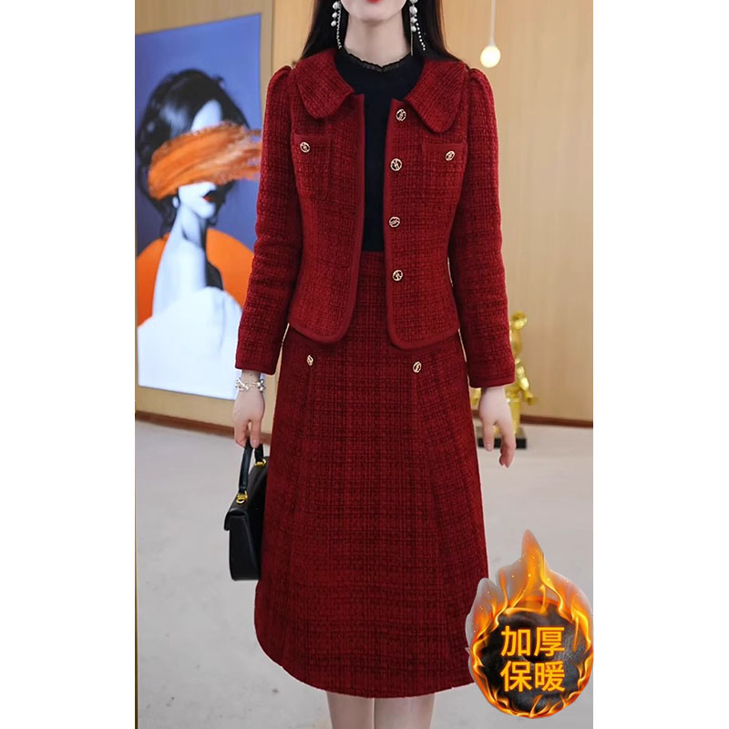 红色两件套连衣裙女秋冬季新款