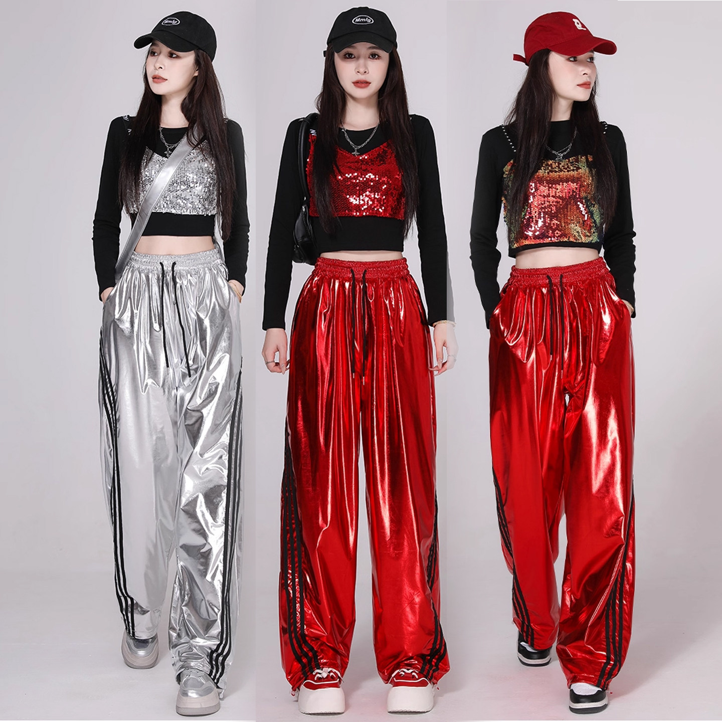 辣妹亮片长袖模特走秀露脐舞台服