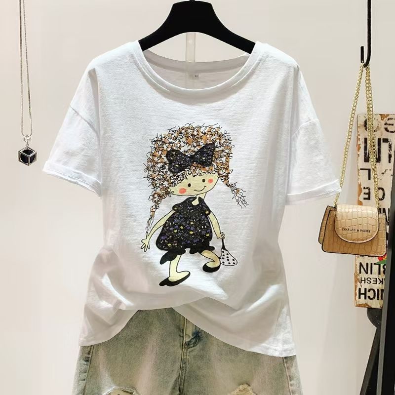 白色纯棉夏季薄款印花t恤短袖女