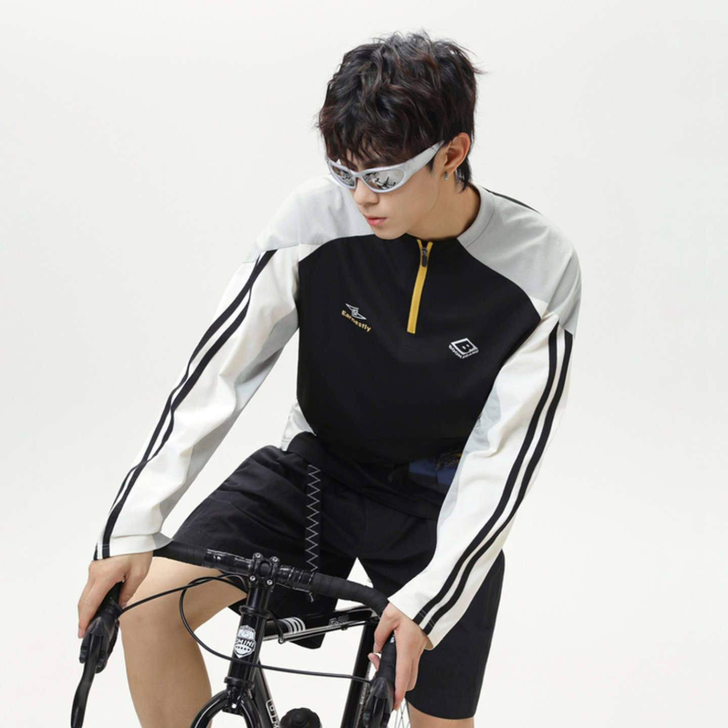 WASSUP潮牌半拉链插肩撞色速干t恤男女宽松骑行服长袖训练服春秋