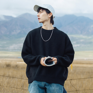 WASSUP加厚圆领毛衣男2024秋冬新款潮流宽松保暖毛衫长袖针织上衣