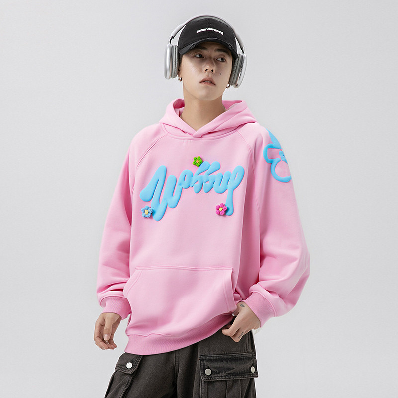 WASSUP花朵字母发泡工艺卫衣男女款秋冬新款重磅宽松连帽上衣外套