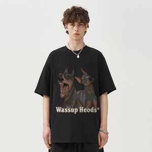 WASSUP HEODS杜宾犬短袖T恤男潮牌宽松美式重磅复古上衣情侣夏季
