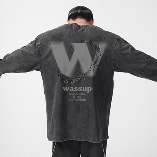 情侣圆领打底上衣 T恤男复古春秋2024新款 WASSUP潮牌美式 水洗长袖