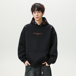 WASSUP民族风刺绣连帽卫衣男款秋冬宽松潮流百搭情侣重磅套头上衣