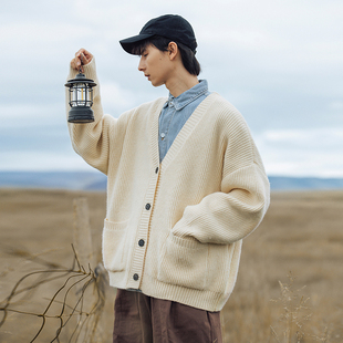 WASSUP潮牌纯色V领开衫毛衣男士秋冬新款宽松情侣百搭针织衫外套