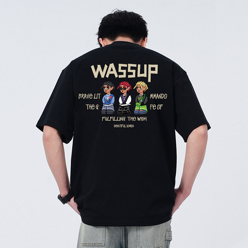 WASSUP潮牌美式T恤短袖男夏季2026新款重磅纯棉情侣百搭圆领上衣